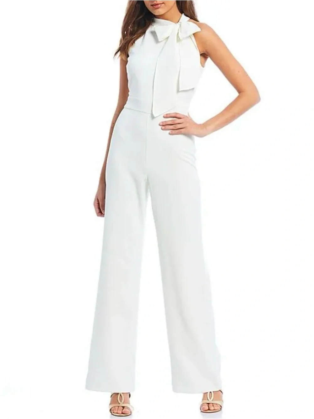 VINCE CAMUTO Tie Neck Wide Leg Jumpsuit, Off-White, Size 8